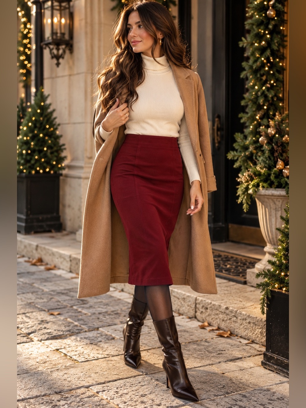 Burgundy Red Midi Pencil Skirt Stretch M Quiet Luxury Minimalist Hoilday